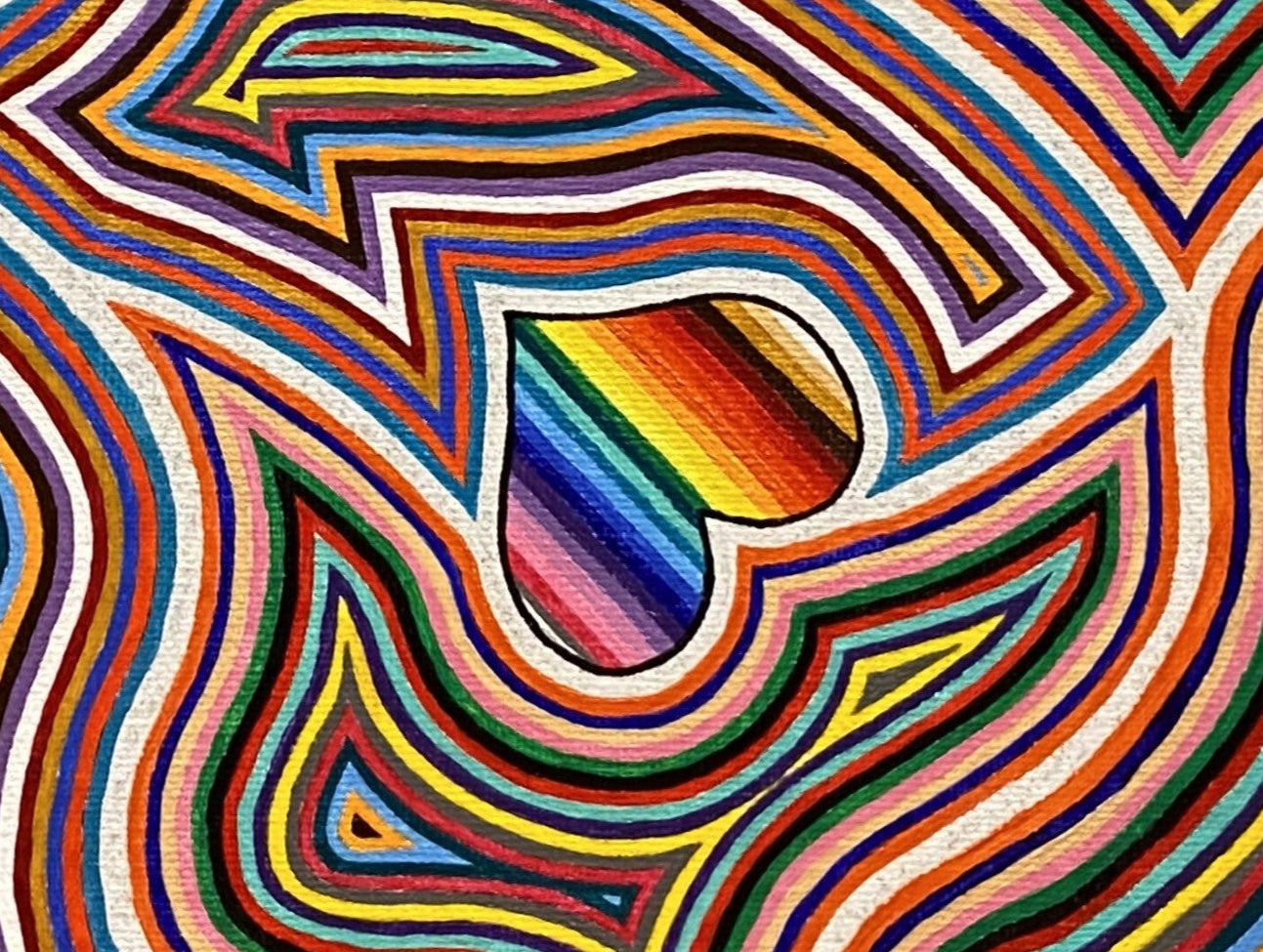 Colorful abstract pattern with a yellow heart and rainbow-colored heart on a multicolored wavy background.