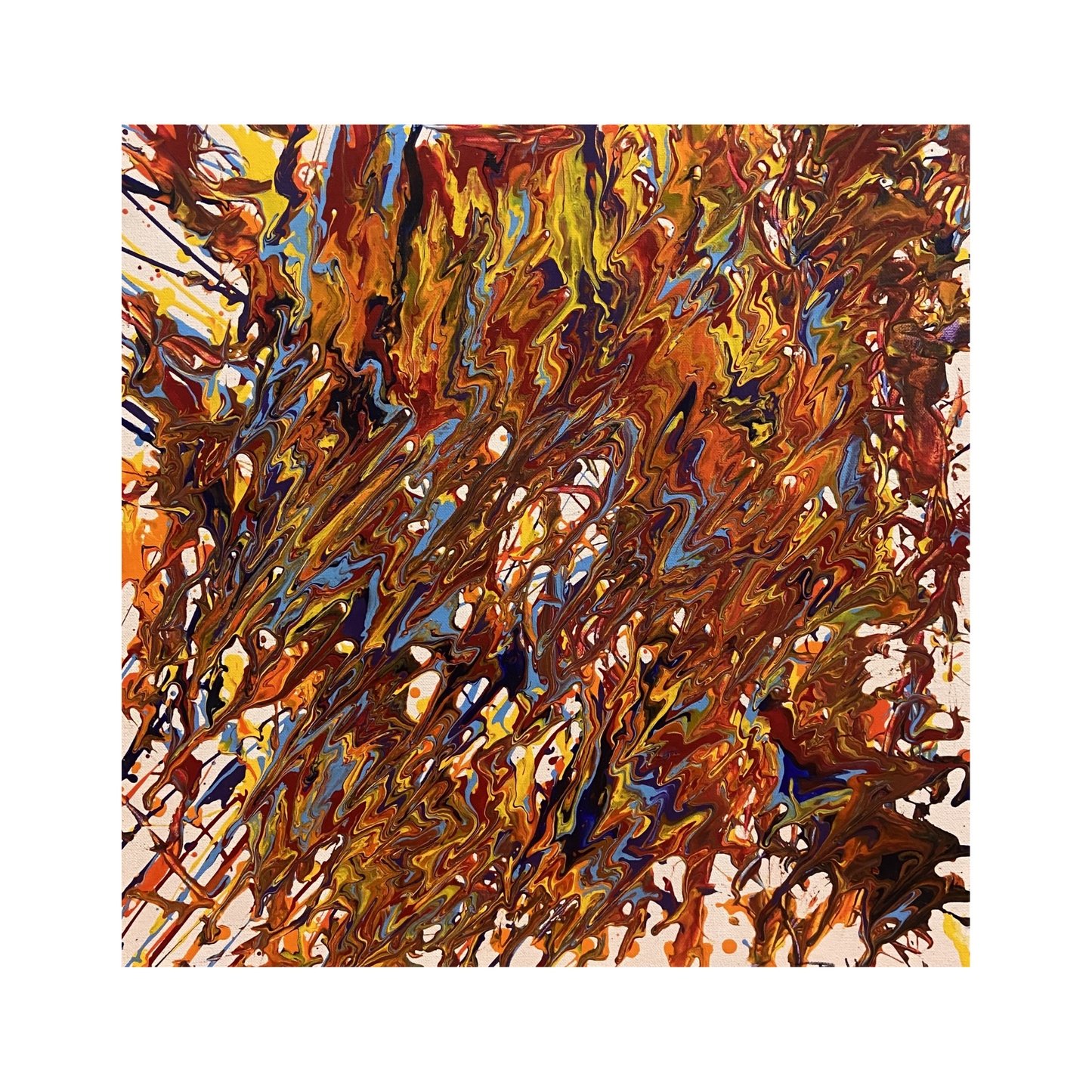 Abstract artwork with swirling colors on a white background